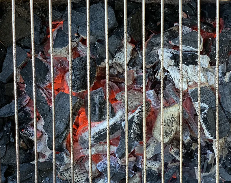 Grille posée sur des braises de charbon de bois